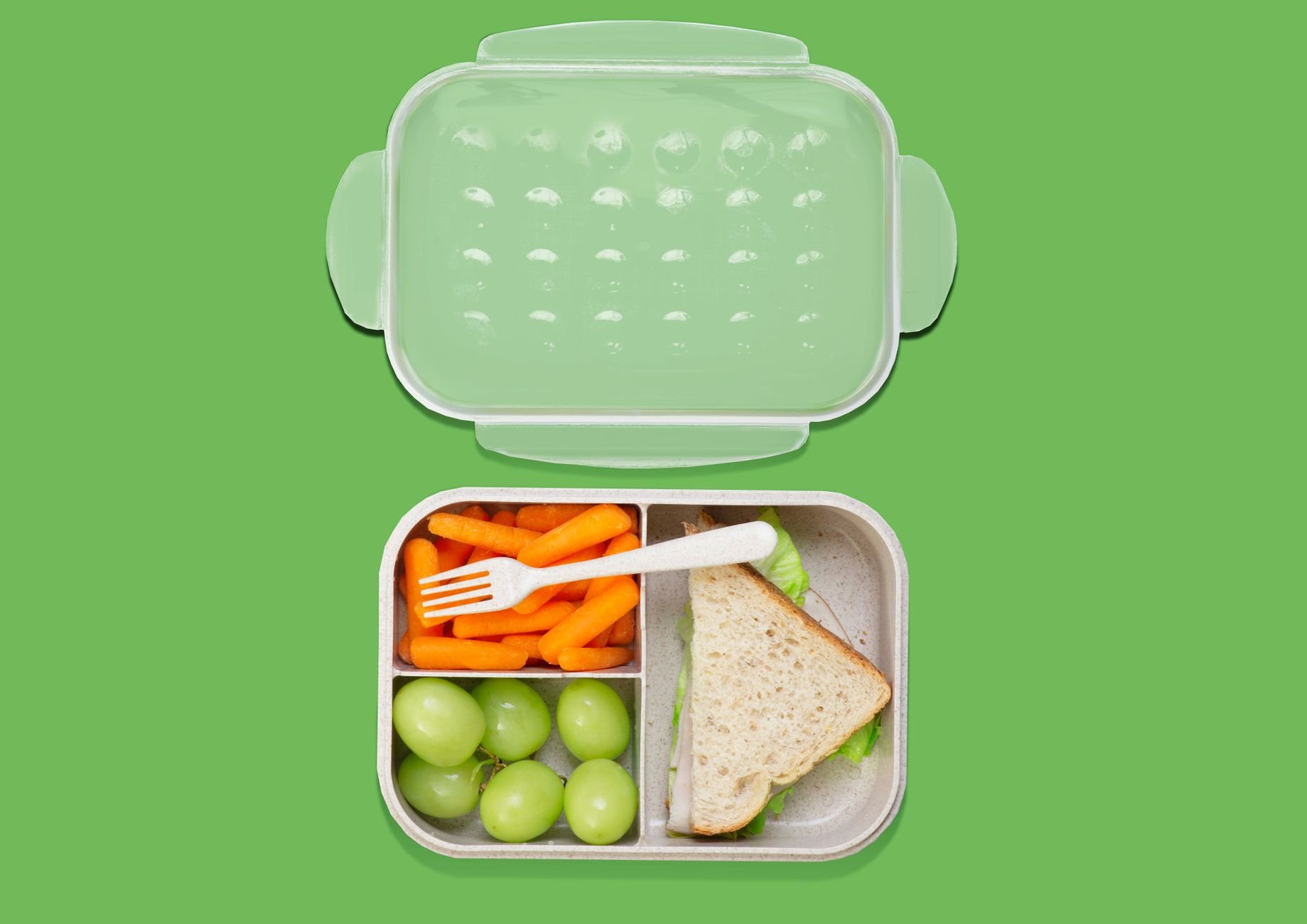 Packed lunch box with sandwich, carrots, and grapes for next-day lunch ideas