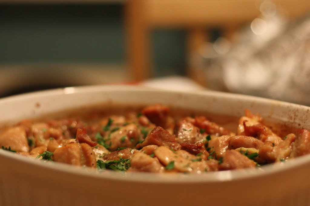 Homemade chicken and rice casserole in a baking dish