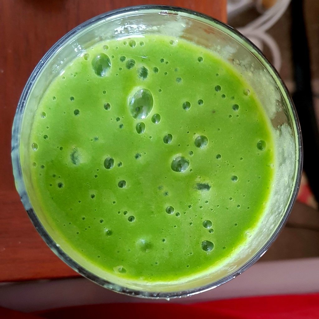 High-protein overnight smoothie in a glass, photographed in natural light